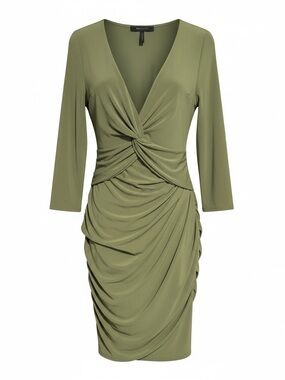 BCBGMaxAzria Olive Green Knot-Front Ruched Sheath Dress